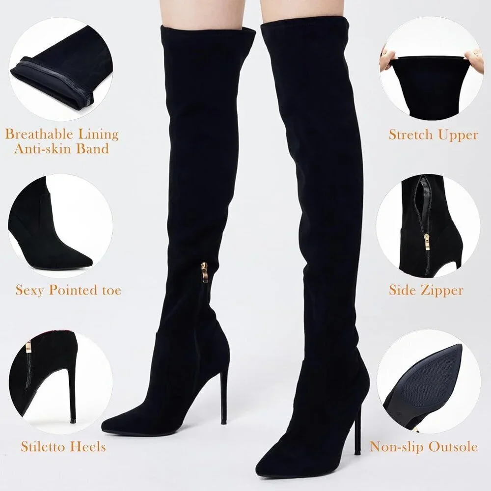 Women Black Faux Suede Over The Knee Thigh High Stiletto Heel Pointed Toe Boots